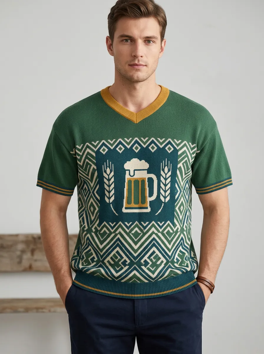 Men's Oktoberfest Beer Lover Wheat Pattern Printed Knit T-shirt