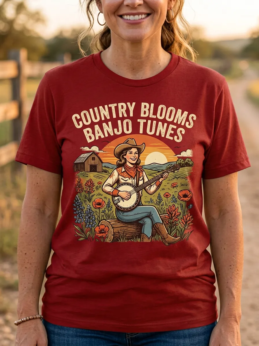 Honky-Tonk-Inspired Banjo Wildflower Country Music Crewneck T-Shirt