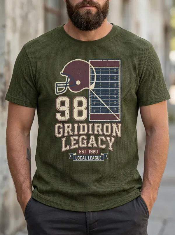 Men's Relaxed Helmet Football Gridiron Crew Neck Graphic T-Shirt