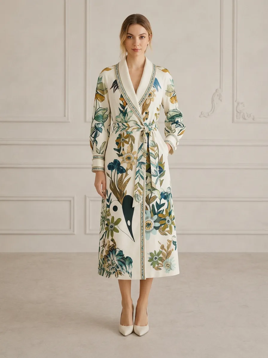 Women's Botanical Floral Bird Printed Wrap Coat