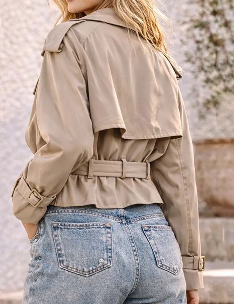 Double Breasted Belted Cropped Trench Jacket