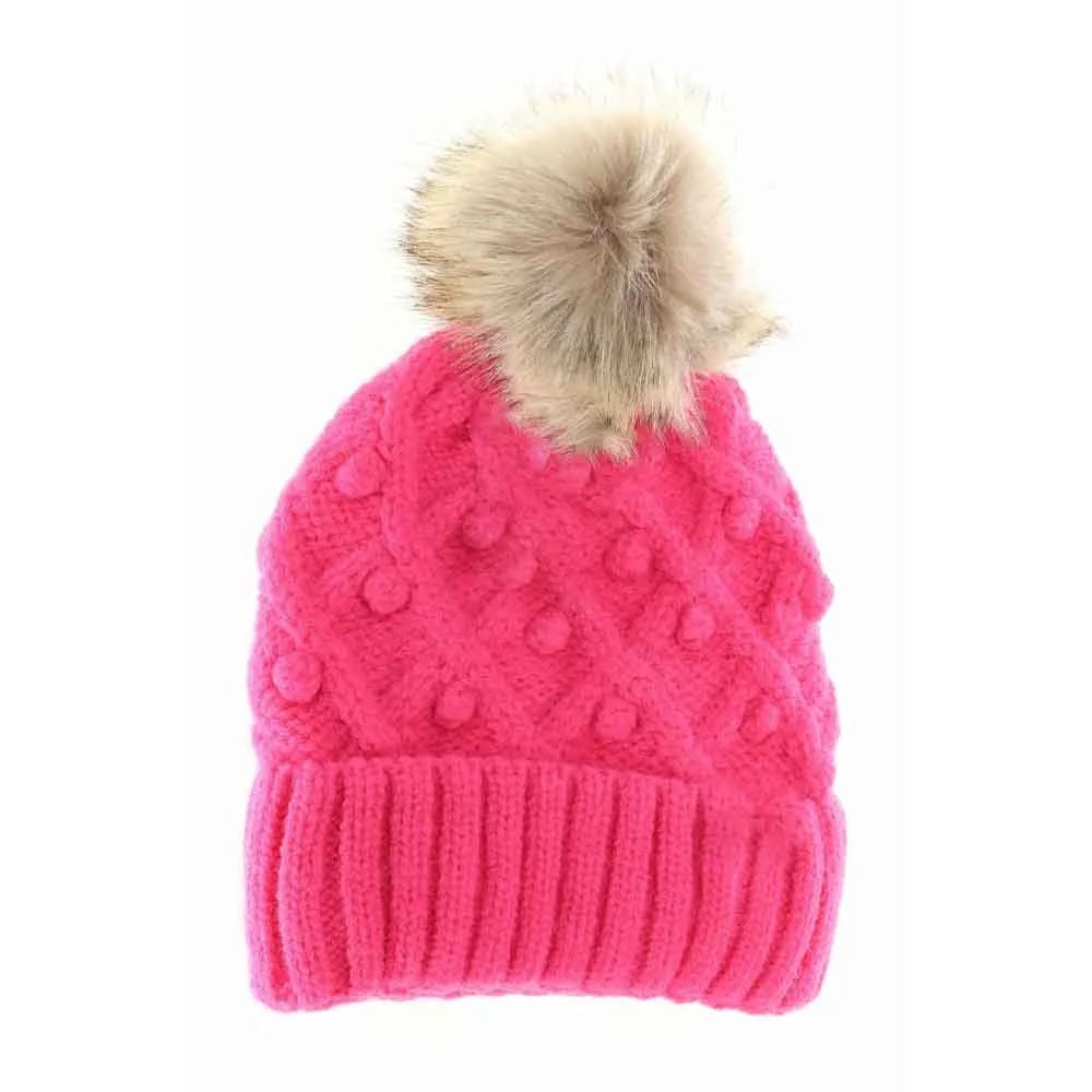 Bobble Knit Faux Fur Pom Beanie