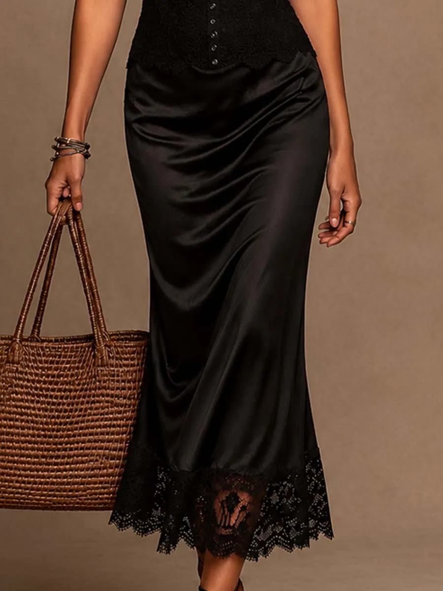 Vintage Lace Cami Spliced Satin Lace Hem Midi Dress