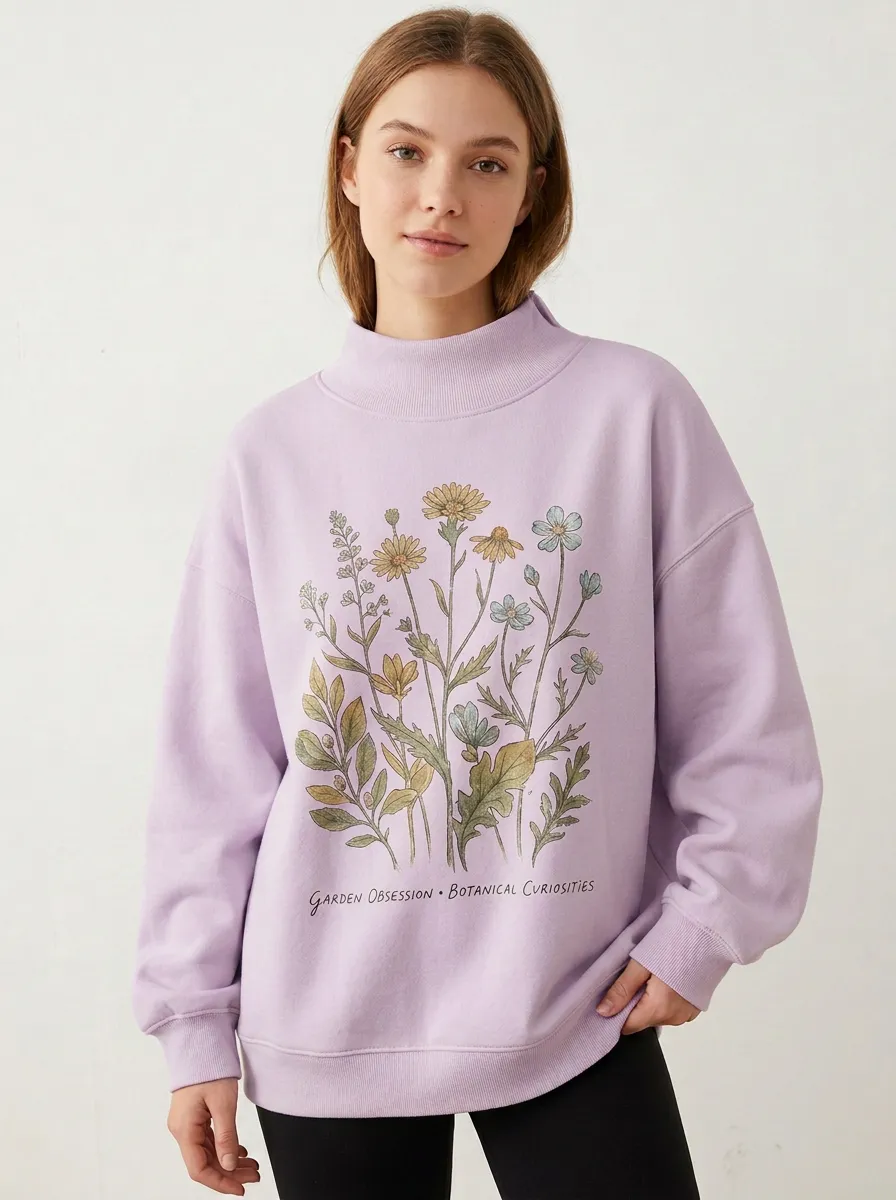 Garden Botanical Wildflower Mock Neck Sweatshirt