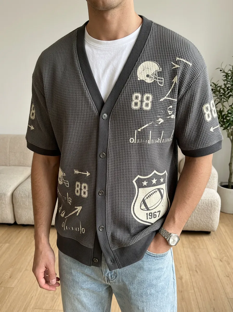 Men's Football Sports 88 Shield Printed Waffle Knit Cardigan