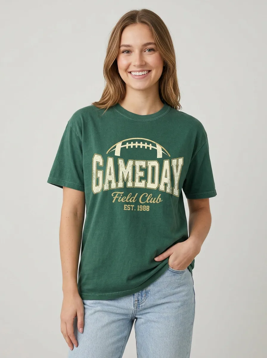 Women's Heritage Inspired Football Ball Game Day Crew Neck Graphic T-Shirt