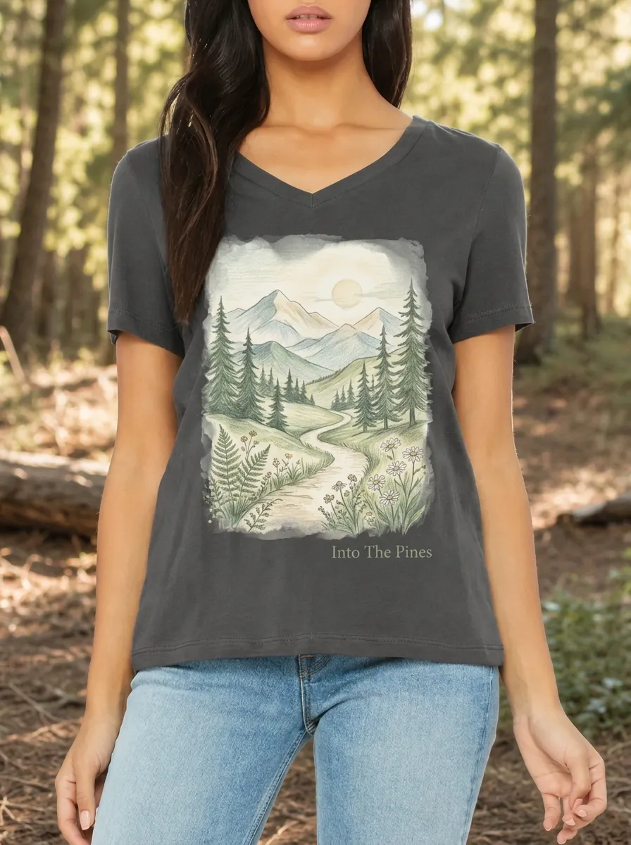 Women's Nature Lover Mountain Forest Path Printed V-neck T-shirt