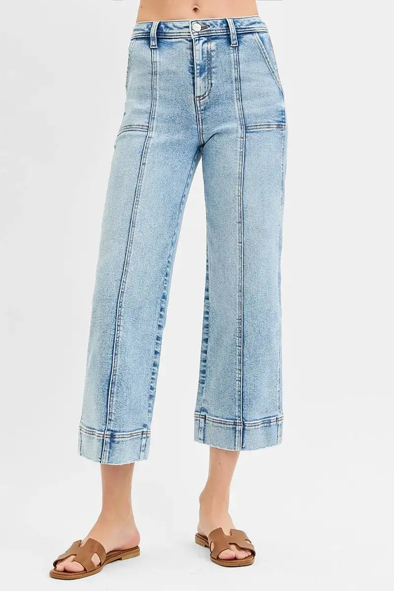 Full Size High Rise Crop Wide Front Seam Detailed Jeans Plus Size
