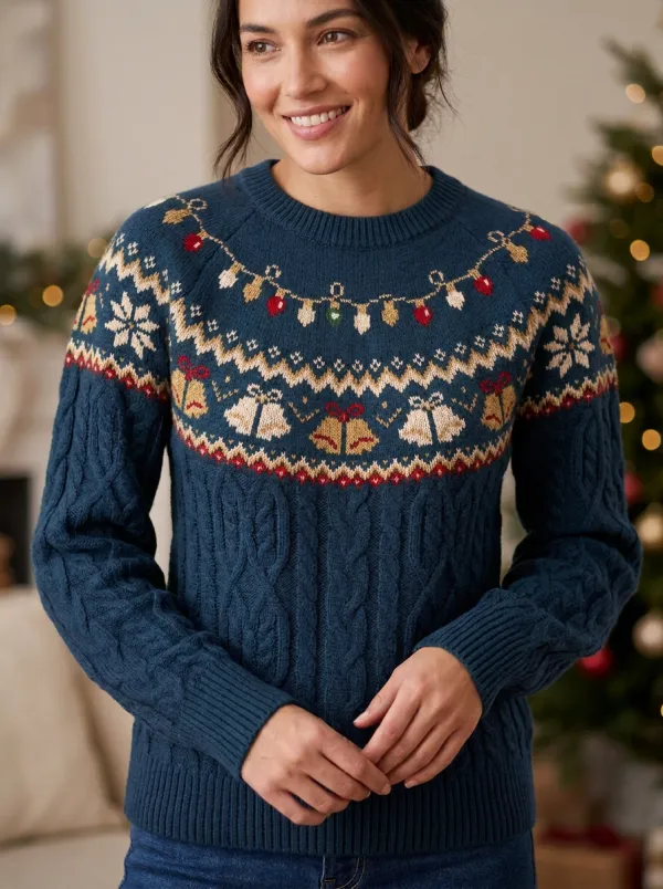 Christmas Holiday Bell Snowflake Pattern Knitted Sweater