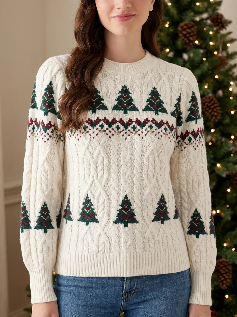 Evergreen Christmas Holiday Pine Tree Pattern Knitted Sweater