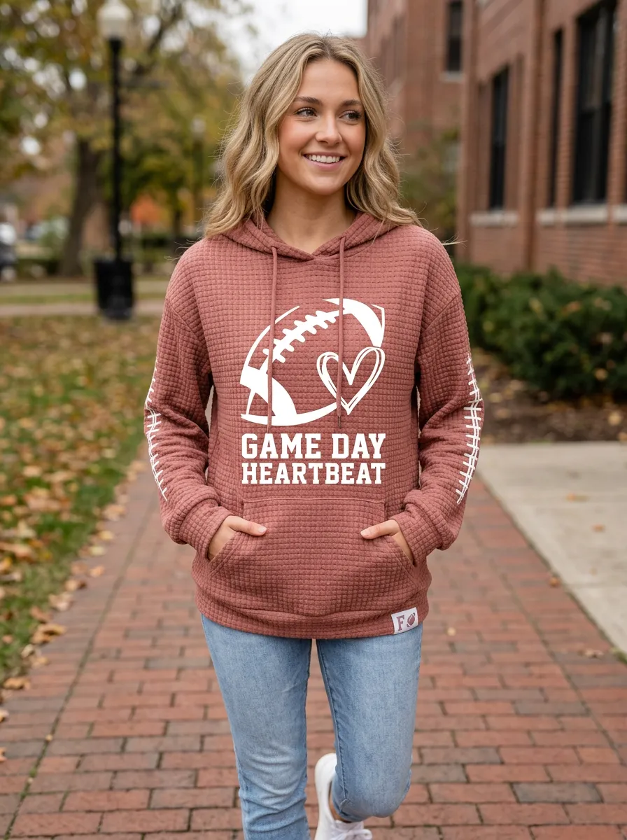 Women's Football Lover Game Day Heartbeat Printed Hoodie