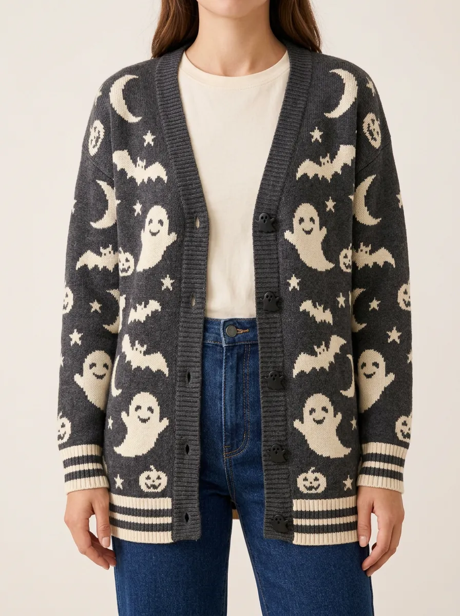 Women's Halloween Ghost Bat Pumpkin Moon Patterned Knit Cardigan
