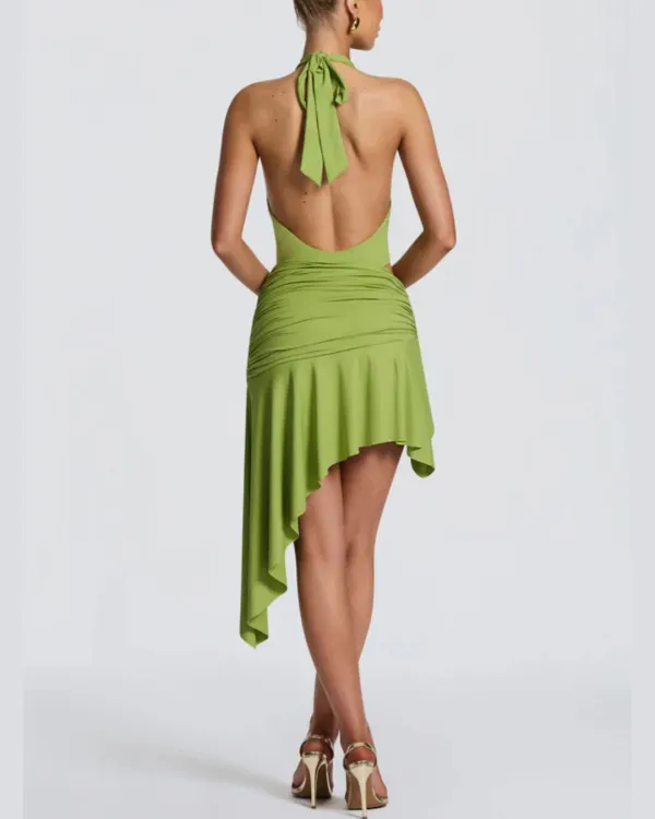 V Halter Twist Asymmetric Mini Dress