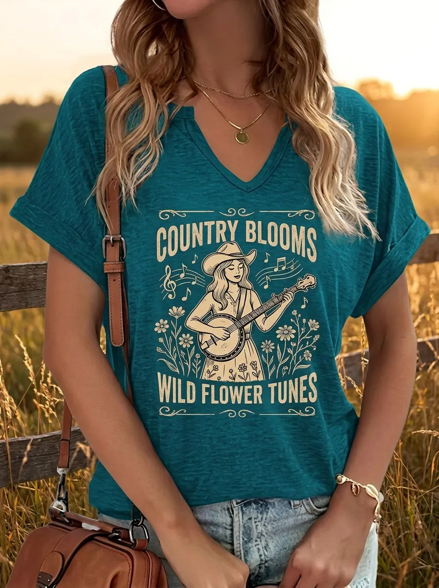 Backroad Banjo Wildflower Women's Country Music V-Neck T-Shirt