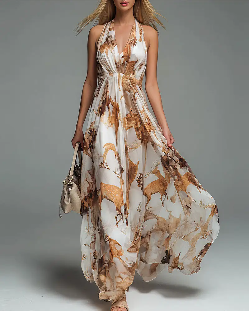 Boho Halter Neck Deep-V Flowy Maxi Dress