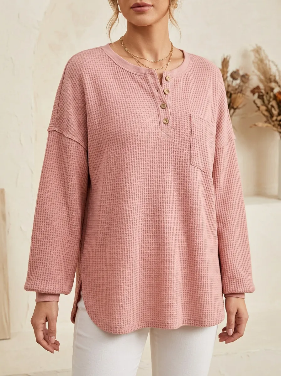 Women's Casual Pink Waffle Knit Button Henley Long Sleeve Top