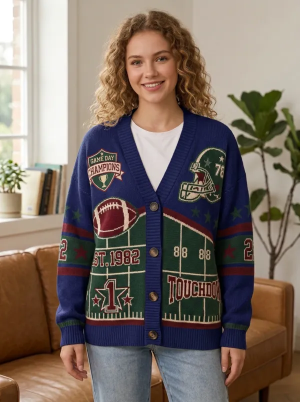 Women's Retro Inspired Helmet Football Ball Knitted Cardigan