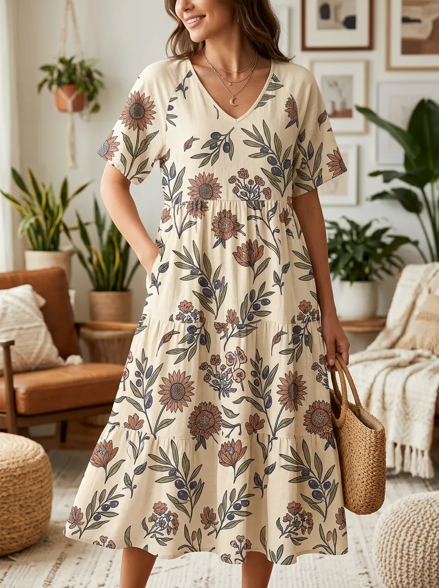 Boho Sunflower Branch V-Neck Midi Dress
