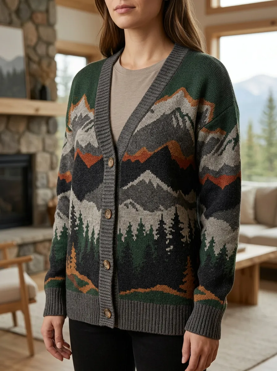 Women's Nature Lover Mountain Forest Pattern Printed Button Front Casual Layering Cardigan