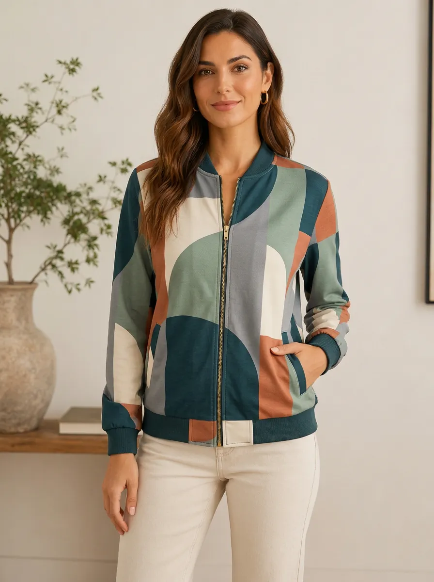 Women's Geometric Abstract Ribbed Cuffs Ribbed Trim Side Pocket Bomber Jacket