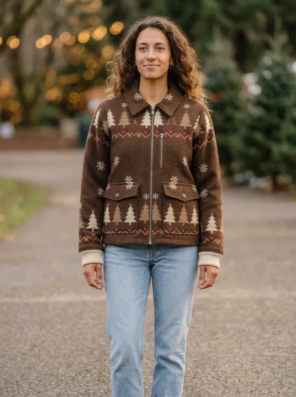 Christmas Holiday Tree Snowflake Pattern Print Jacket