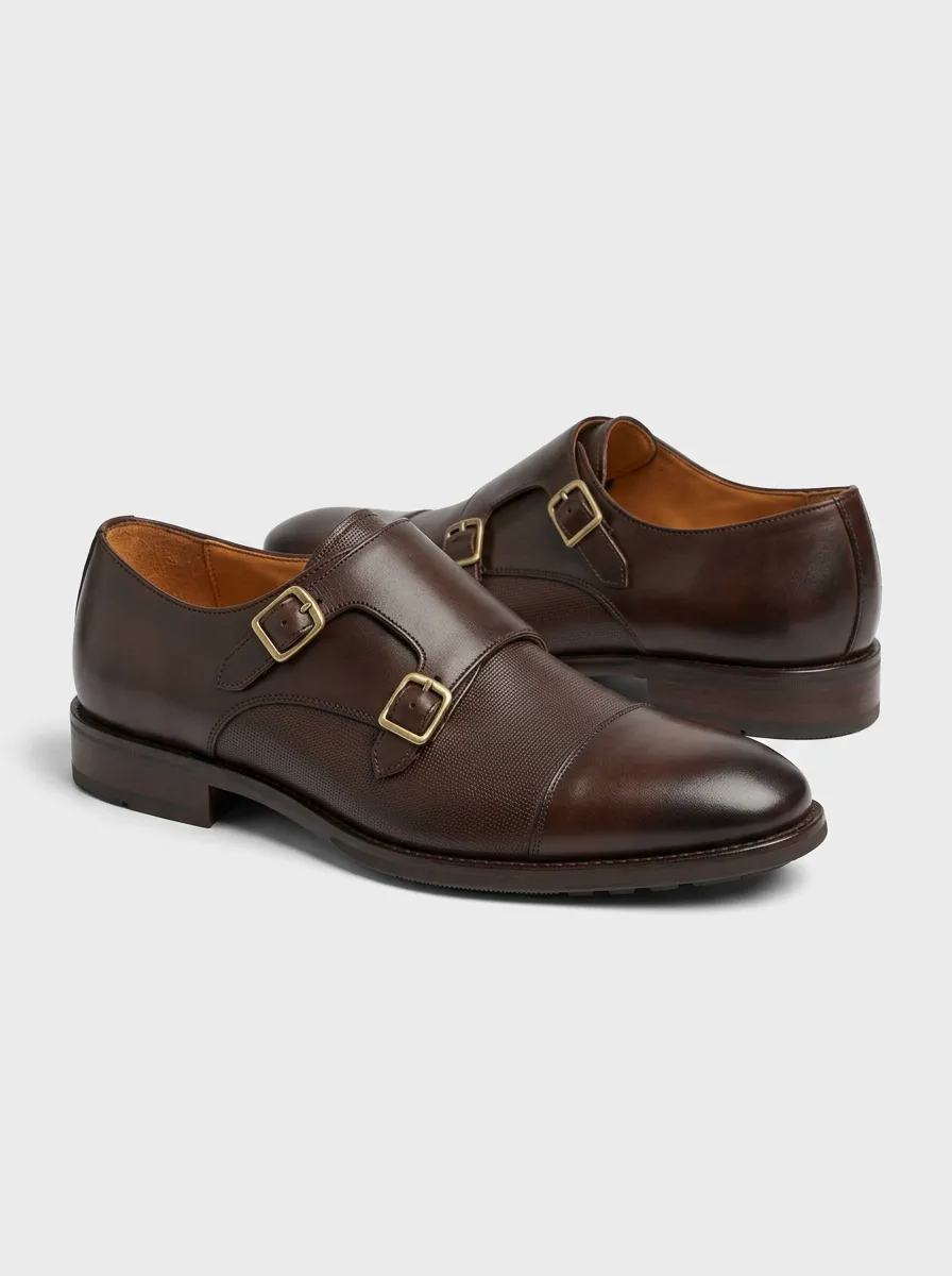 Men's Classic Business Formal Textured Double Monk Strap Leather Shoes