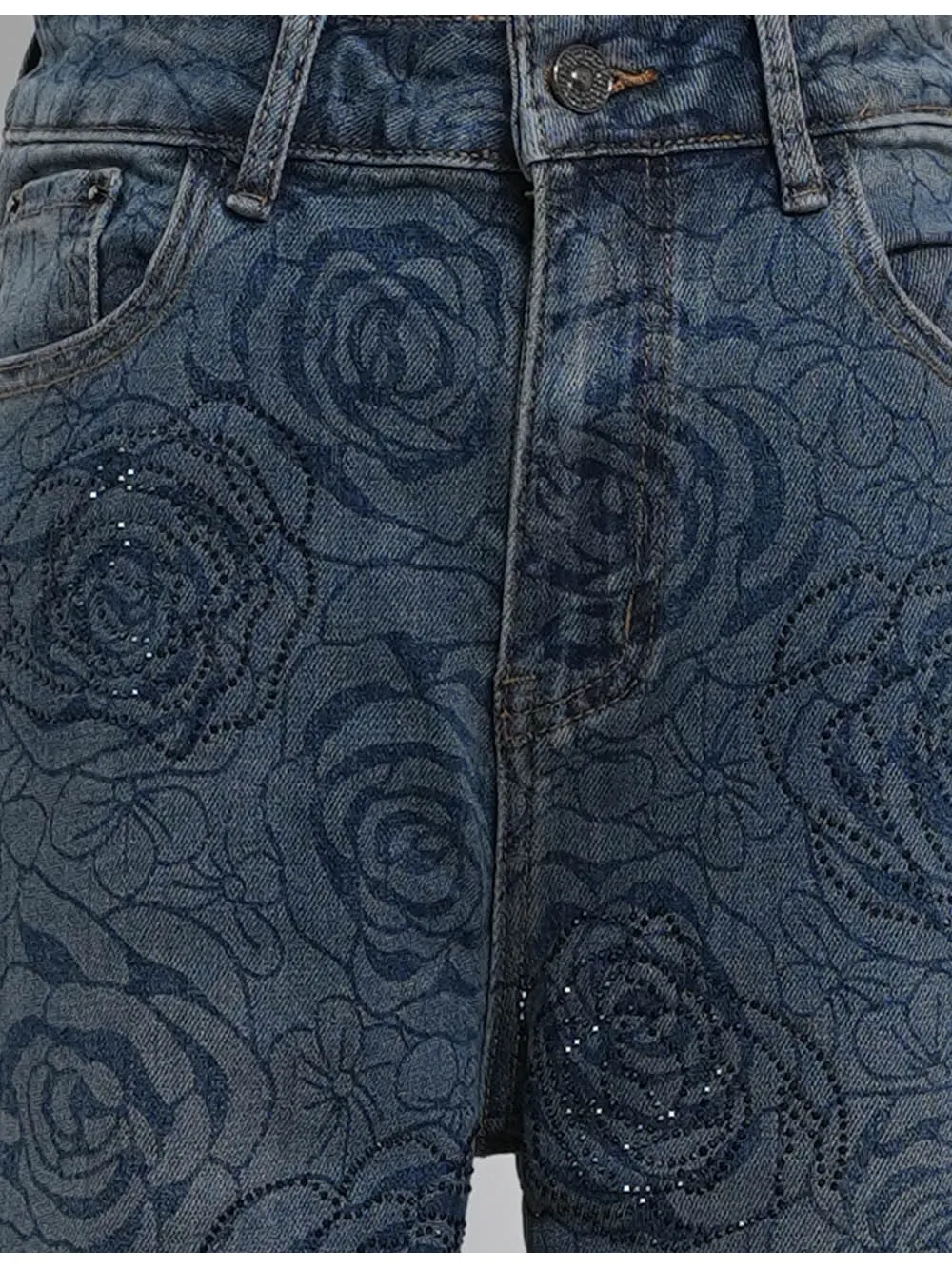 Jacquard Jeans Button Waist Wide Leg Denim Pants