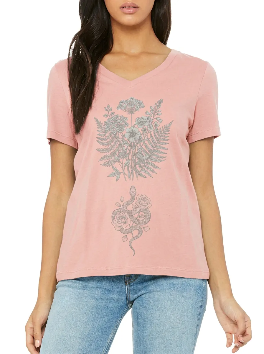 Women's Botanical Snake Rose Printed V-Neck T-Shirt