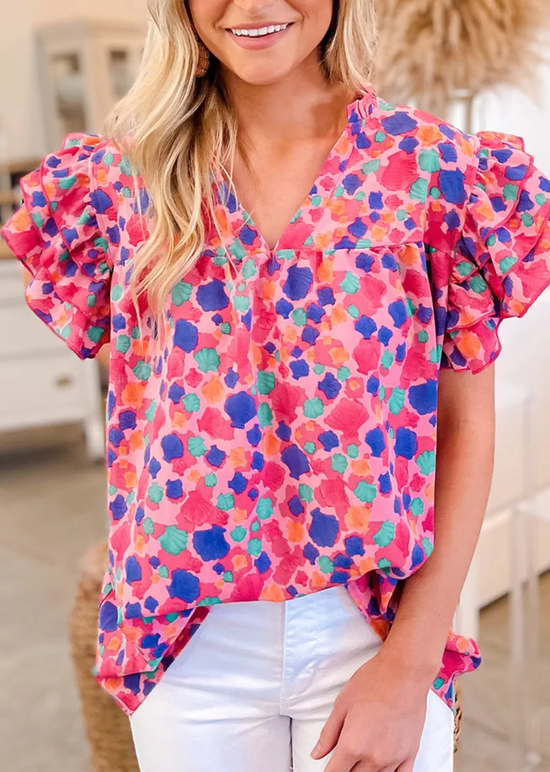 Everyday Abstract Print Ruffled V-Neck Blouse