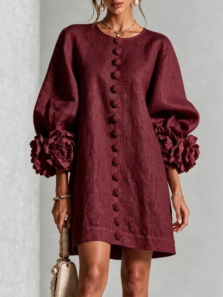 Printed 3D Floral Button-Front Mini Dress