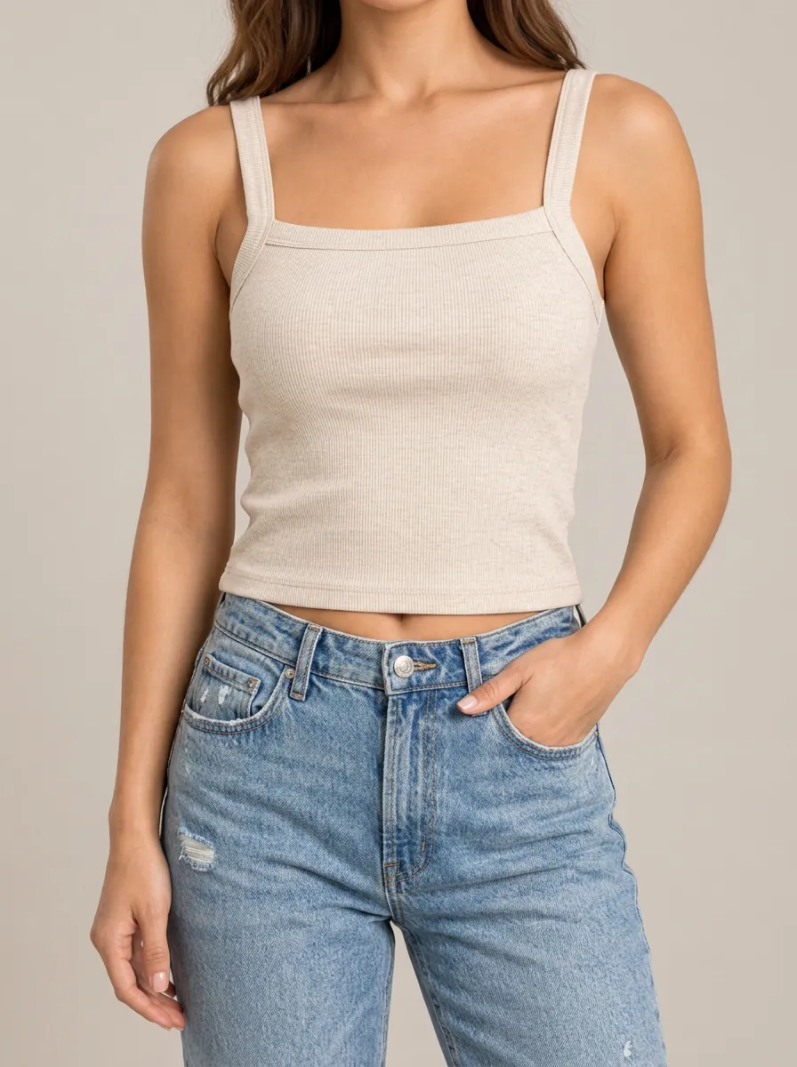 Women's Square Neck Wide Strap Ribbed Straight Hem Easygoing Camisole Top