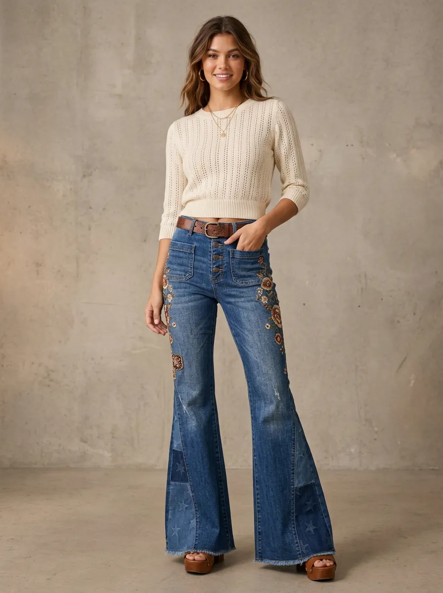Women's Boho Floral Star Patchwork Printed Flare Jeans