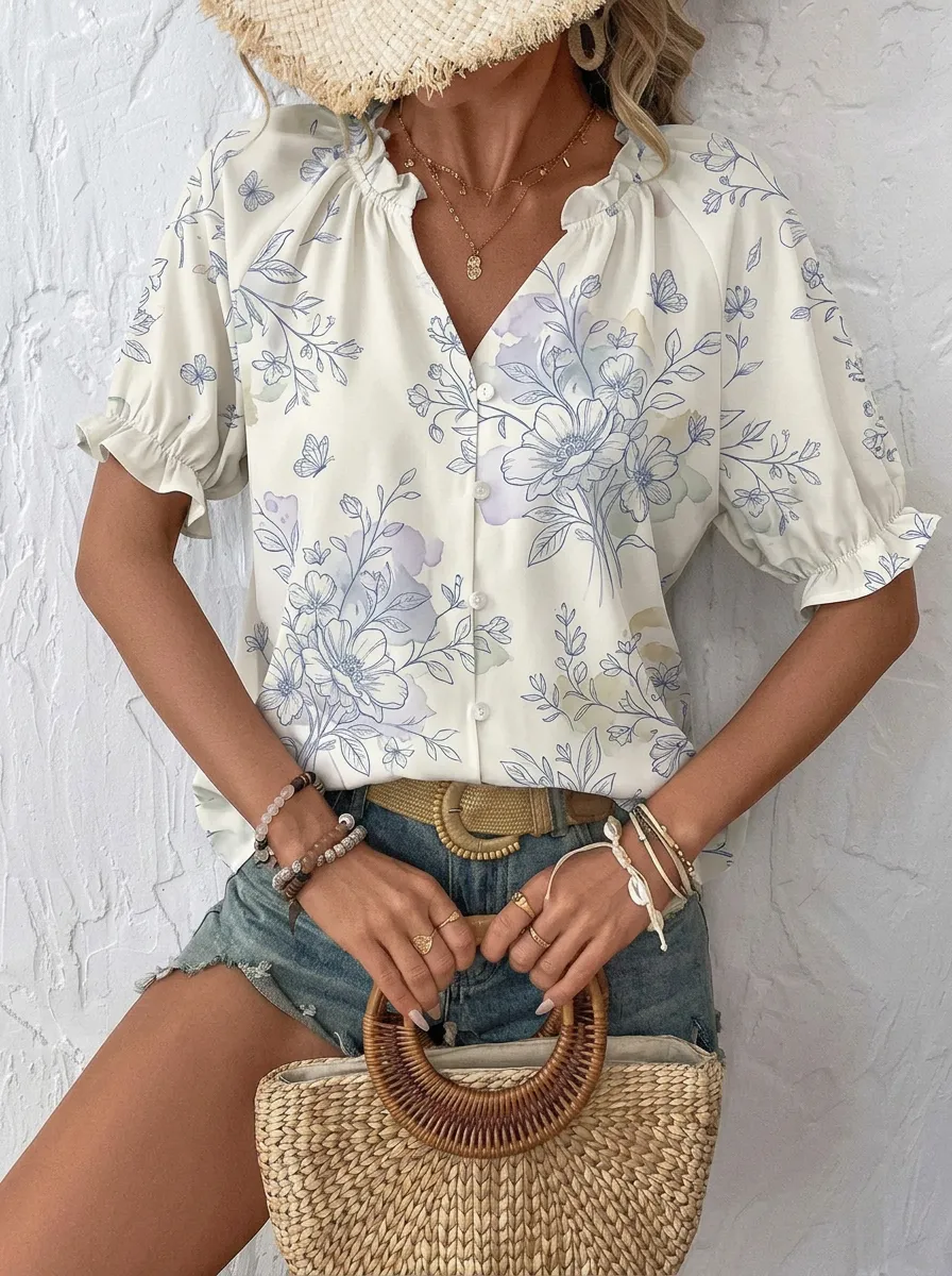 Women's Floral Butterfly Botanical Printed V-Neck Button-Up Blouse