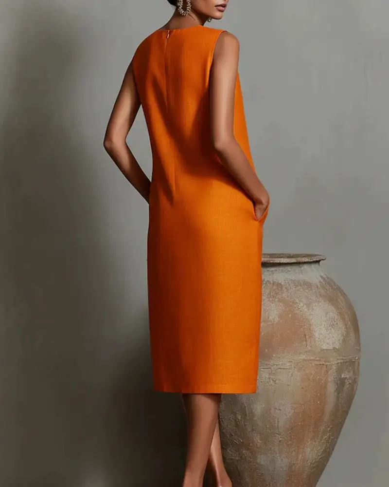 Linen Blend Sleeveless Crew Neck Midi Dress