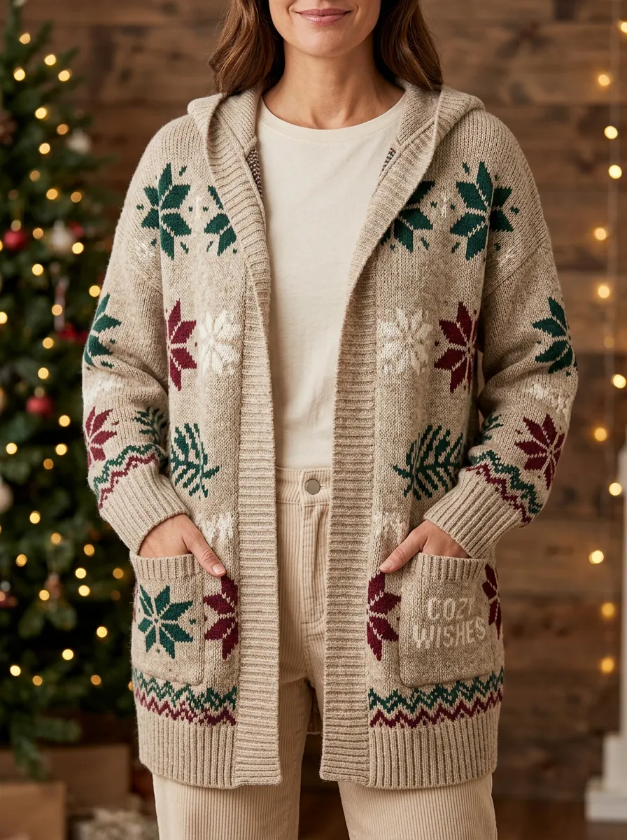 Christmas Snowflake Cozy Wishes Patterned Hooded Cardigan