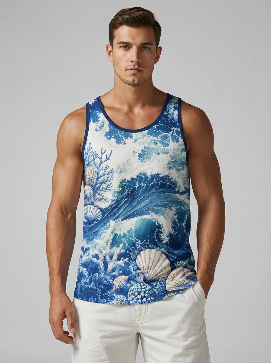 Men's Standard sleeveless cut Ocean Print Sleeveless Tank Top