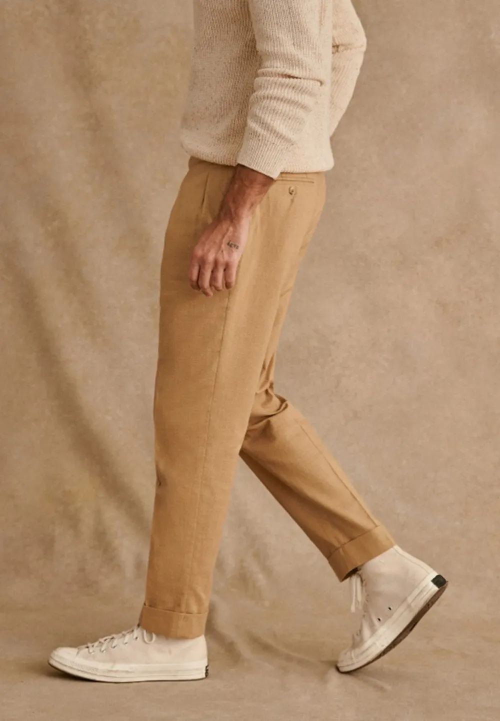 Sand Beige Pleated High Waist Cropped Trousers