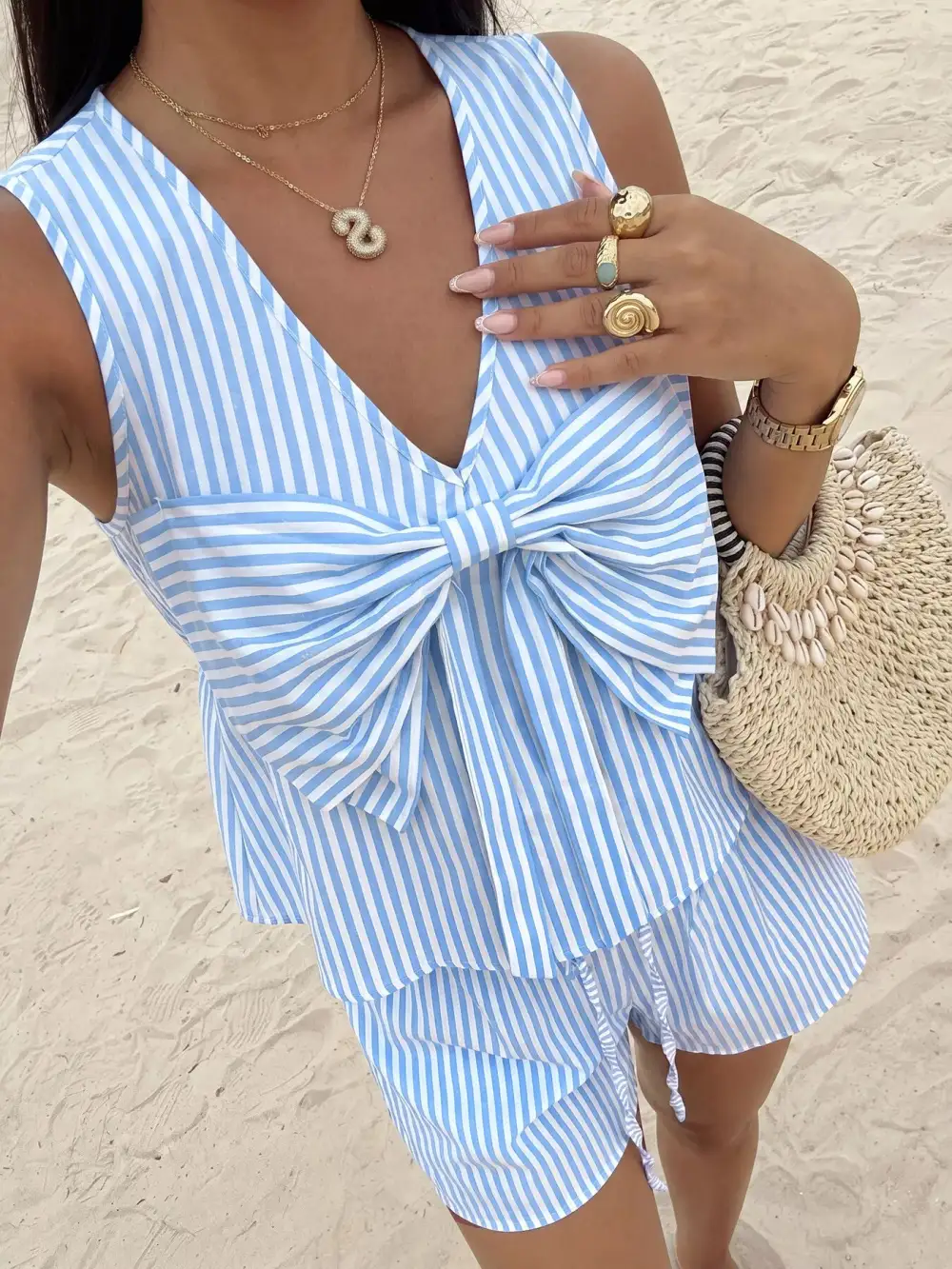 Striped Bowknot Sleeveless Top Shorts Set