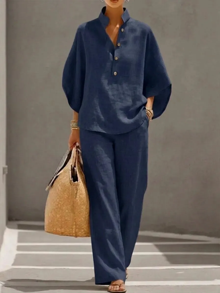🔥 🔥Women's Batwing Sleeve Two-Piece Set – Casual Shirt & Wide Leg Pants Outfit