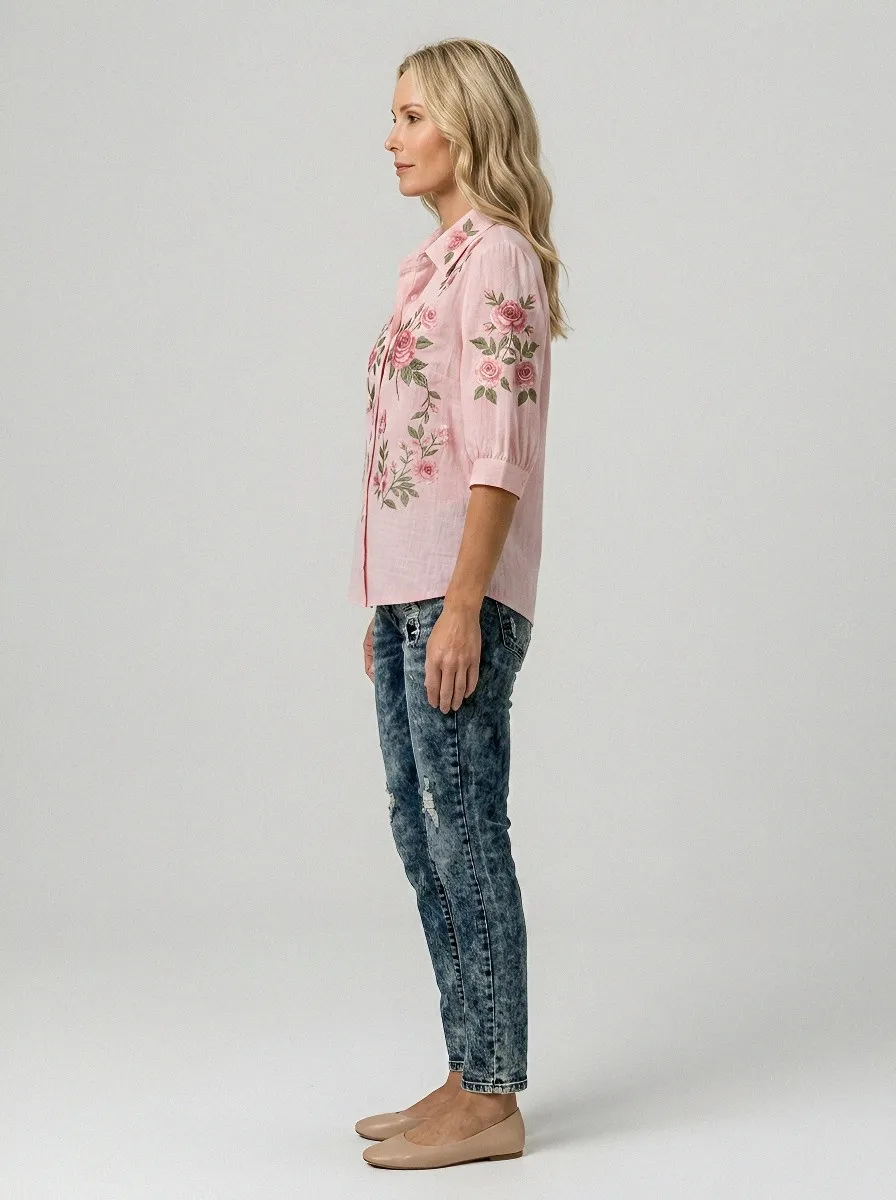 Women's Breast Cancer Awareness Pink Rose Floral Embroidered Button-up Shirt