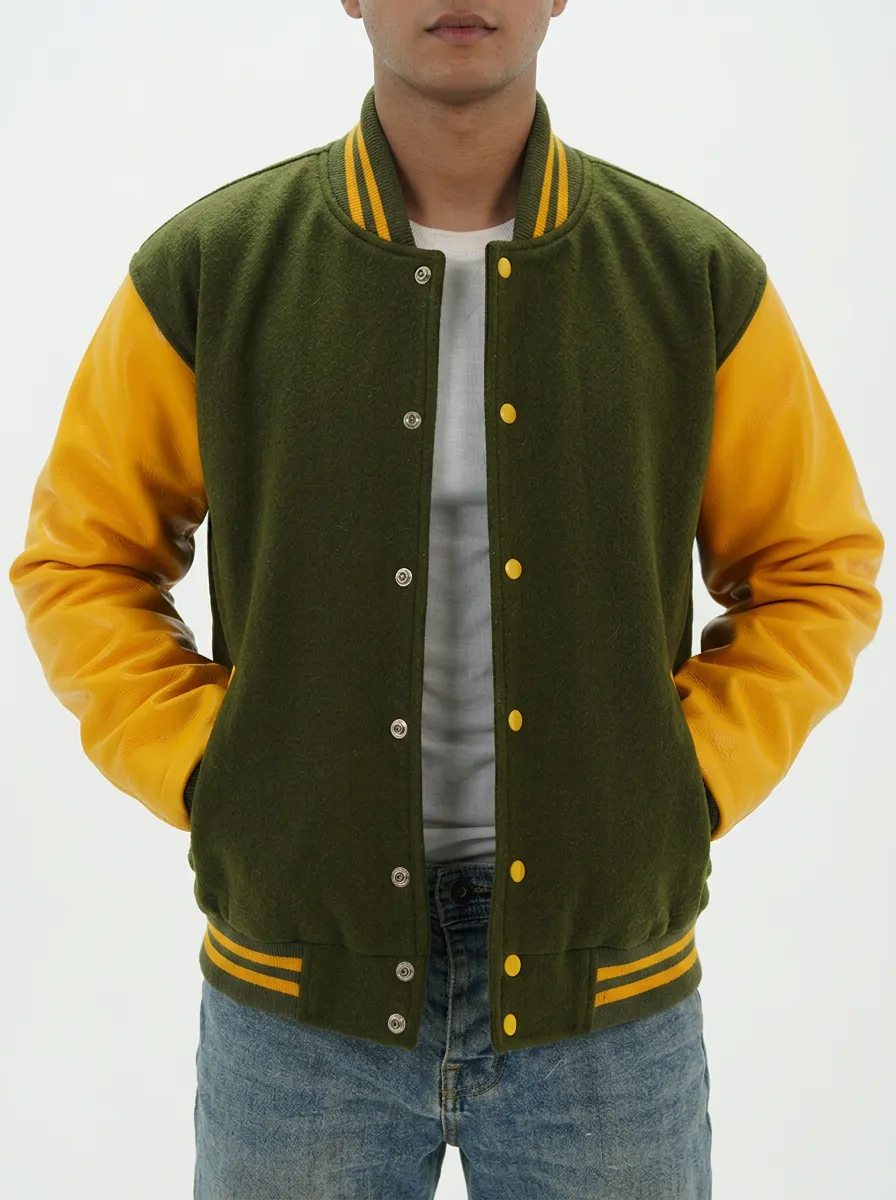 Men's Green & Yellow Leather-Sleeve Wool Baseball Jacket