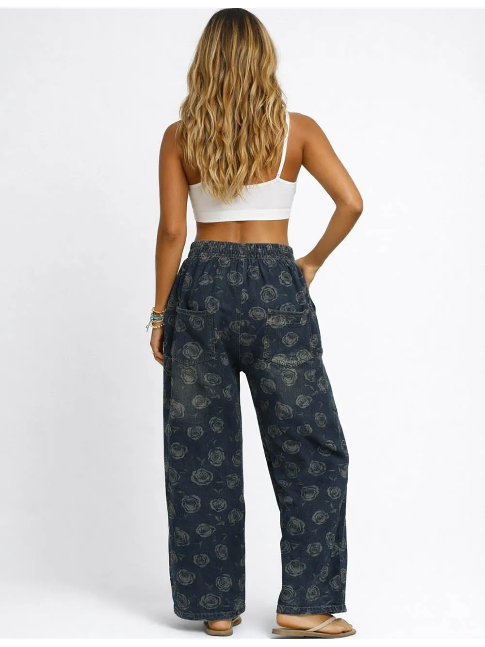 Elastic Waist Barrel Leg Denim Pants