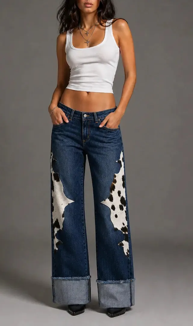 Low Rise Wide Leg Cuffed Western Style Everyday Denim Jeans