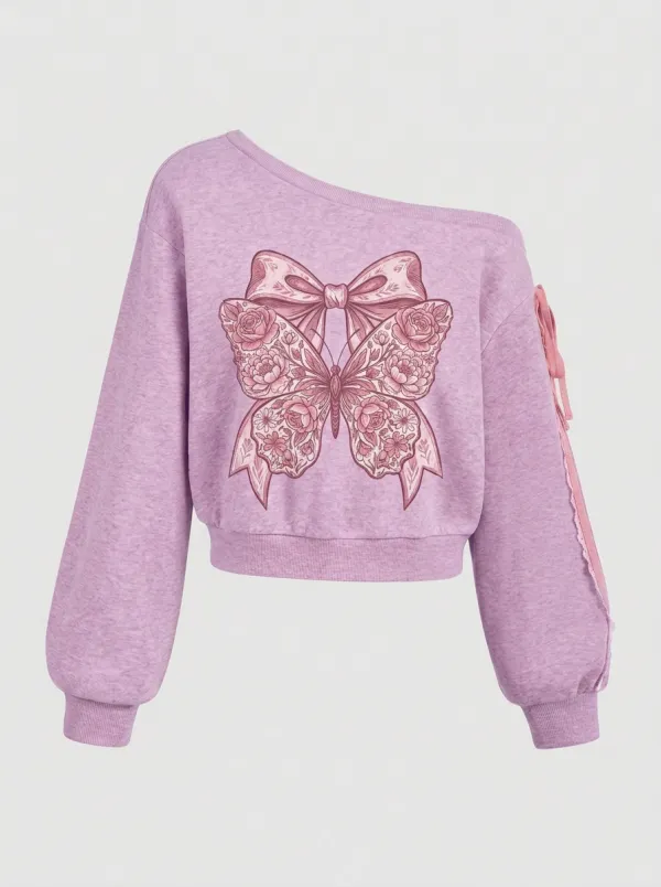 Women's Breast Cancer Awareness Floral Butterfly Bow Printed Off-Shoulder Sweatshirt