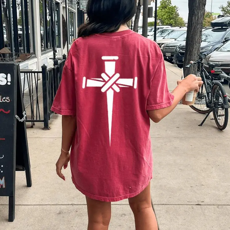 Christian Minimalist Religious Cross Calvary Three Nails Women's Oversized Comfort T-Shirt Back Print
