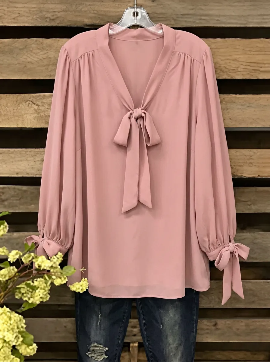 Women's V-neck Tie-neck Lantern Sleeve Blouse