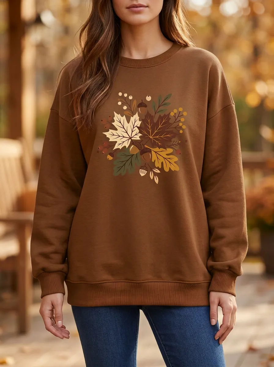 Warm Maple-Leaf Printed Acorn Graphic Sweatshirt