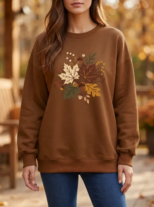 Warm Maple-Leaf Printed Acorn Graphic Sweatshirt