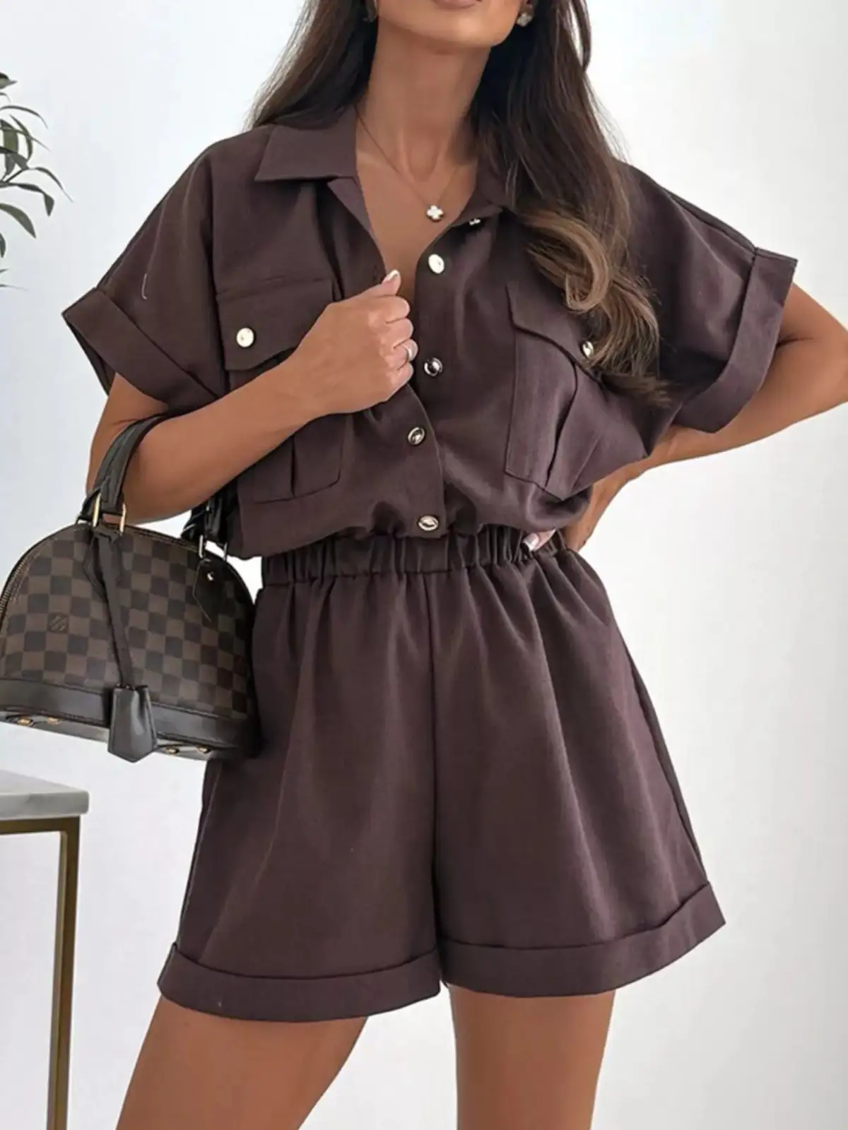 Button-Front Pocketed Shirt and Shorts Matching Set