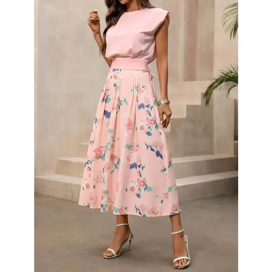 Contemporary Round Neck Top And Floral Print Skirt Two-Piece